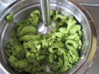 Put steamed peas into a deep bowl, add cream and...