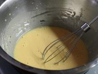 Mix egg yolks, oil and flour. Thin it with milk. ...