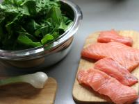 Cut salmon fillets into thinner slices, cut sping...