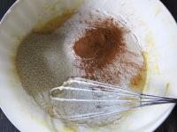 Beat butter with sugar, add eggs and stir. Pour in...