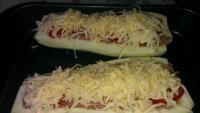 Peel one bigger zucchini, cut lenghtwise into the...