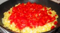 Shortly fry finely chopped onion and garlic, cut...
