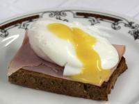 Serve on fried bread slice, slice of ham and...