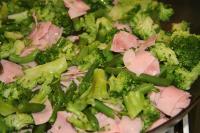 In a skillet fry ham, broccoli separated into the...