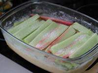 Place some peeled rhubarb pieces at the top....