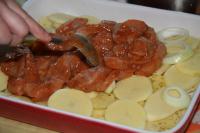 Put potatoes cut into thin rounds in a deep baking...