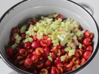 Peel off the upper fibers from the rhubarb and cut...