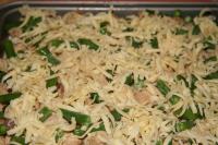 Spread evenly frozen green bean pods on the meat...
