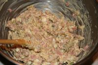 Blend chopped salami, onion, gherkins, hard boiled...