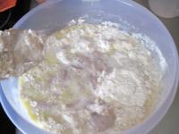Put both flours, sugar into a deeper bowl, add...