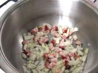 Dice bacon into the cubes and fry. Add roughly...