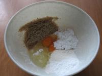 Beat eggs with sugar, starch flour, flour, baking...