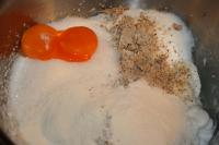 In the bowl mix together ground almond, beaten egg...