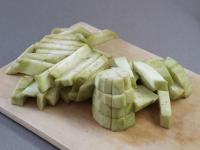 Cut the eggplant into short fries....