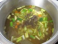 Pour bouillon to vegetables, add ground black...