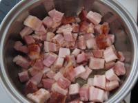 Cut bacon into cubes and fry it in a pan. ...