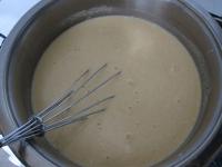 Bring sauce to the boil, pour in roux and again...