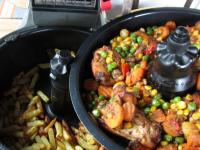 Put the pan with the chicken and vegetables on top...