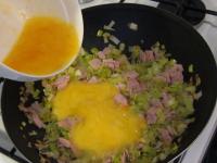 ...pour in the eggs mixed with salt. Blend until...