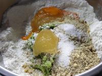Add flour, honey, a pinch of salt, ground nuts,...