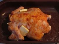 Wash the chicken, salt, brush with the paprika....
