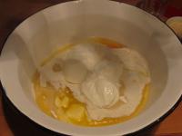 Put flour into a bowl, add eggs, melted butter,...