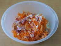 Grate the carrots and onions. Add to the cabbage....