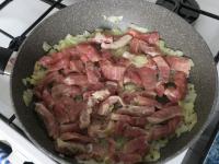 Add washed, sliced meat. Stir until the meat...