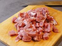 Cut the meat into small pieces and fry in hot oil...