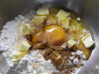 Put flour into the bowl, add butter, eggs,...