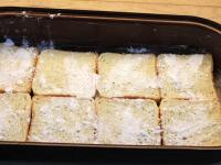 Put 8 pieces of toast bread in a baking dish and...
