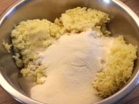 Add eggs, flour and salt to the potatoes....