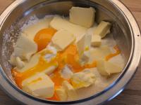 Make dough from flour, butter, egg yolks, sugar,...