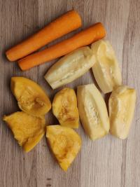 Peel the papaya and mango. Remove the seeds from...