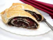 Cherry and poppy seed strudel made of puff pastry