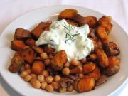 Sweet Potatoes and Chickpeas with Yogurt and Cucumber Dressing